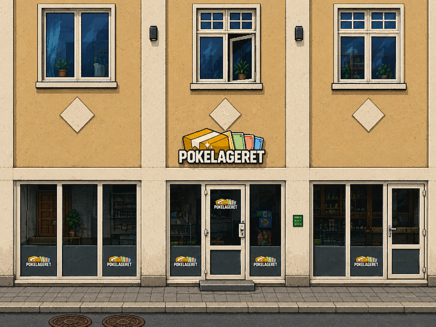 Pokélageret illustrert i pikselstil